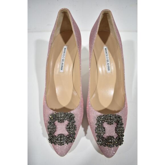 Manolo Blahnik Hangisi 70 Pink Glitter Crystal Jewel Buckle Low Heel Pump 39 - Picture 7 of 12